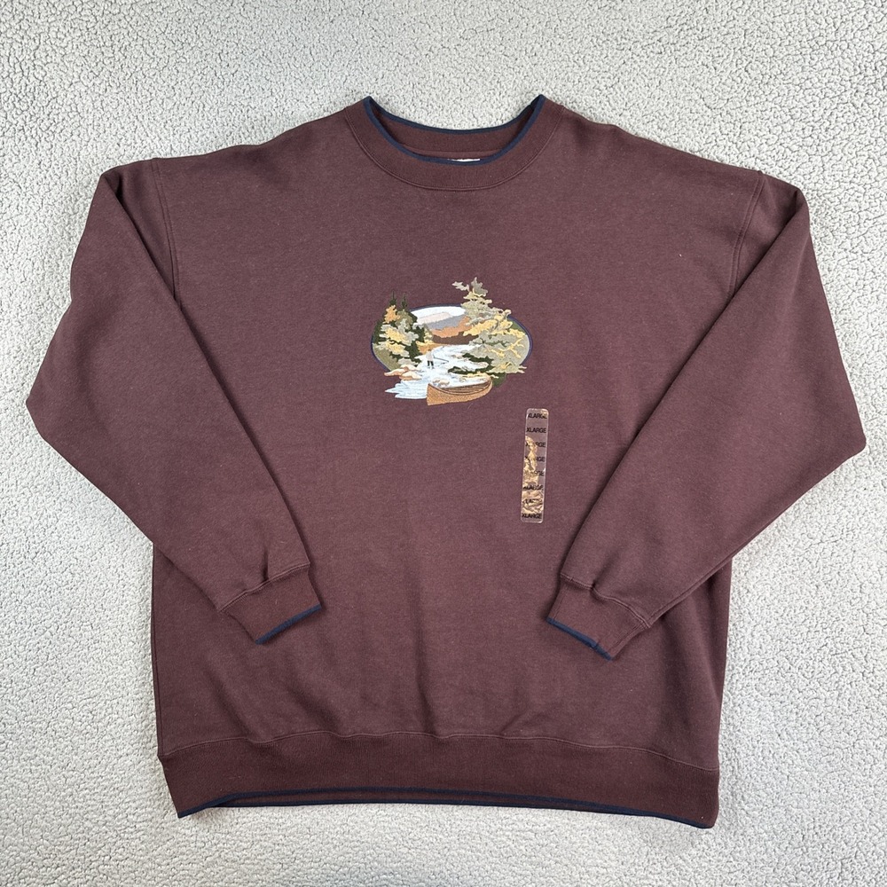 NWT VTG 90s MC Sport Crew Sweatshirt Men 2XL Brown Fleece Canoe Mountain Scene